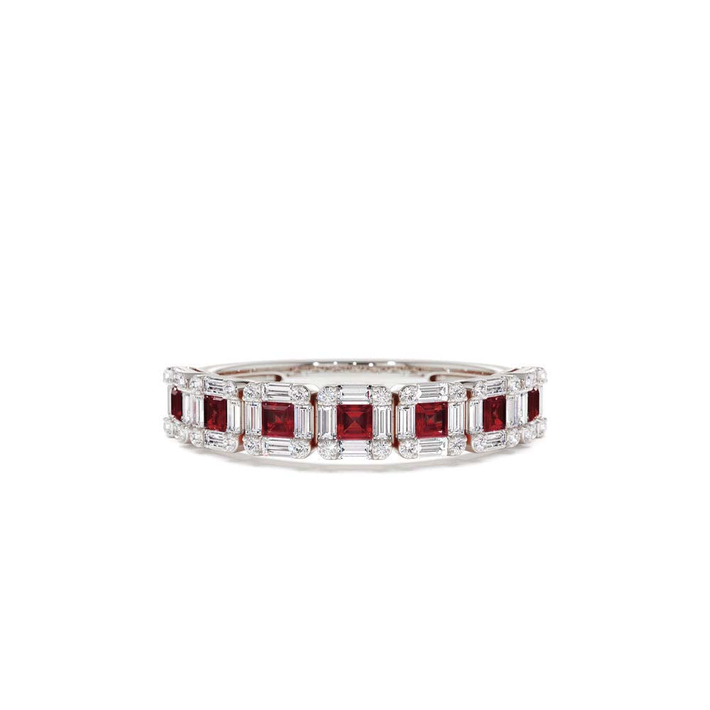 Princess Cut Ruby W/ Baguette and Round Diamond Ring in 14K Gold — view 4