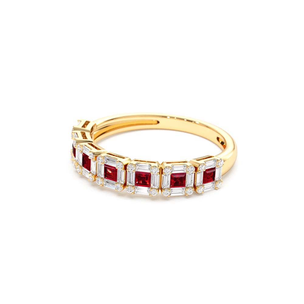 Princess Cut Ruby W/ Baguette and Round Diamond Ring in 14K Gold — view 2