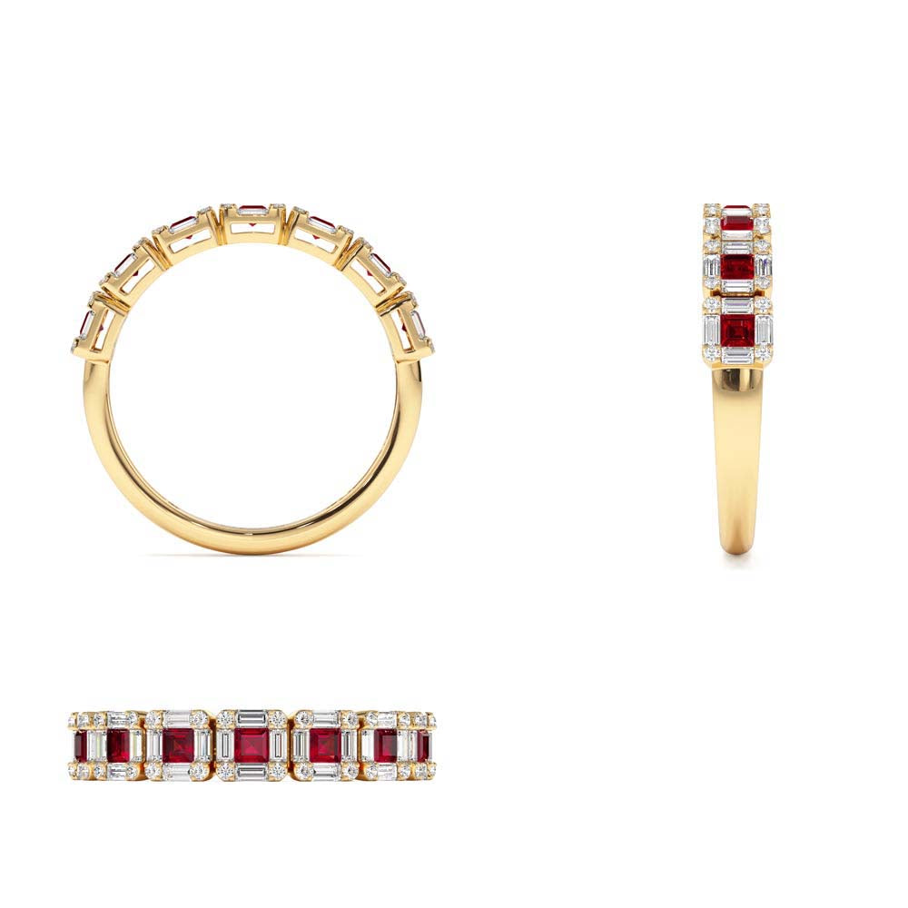 Princess Cut Ruby W/ Baguette and Round Diamond Ring in 14K Gold — view 3