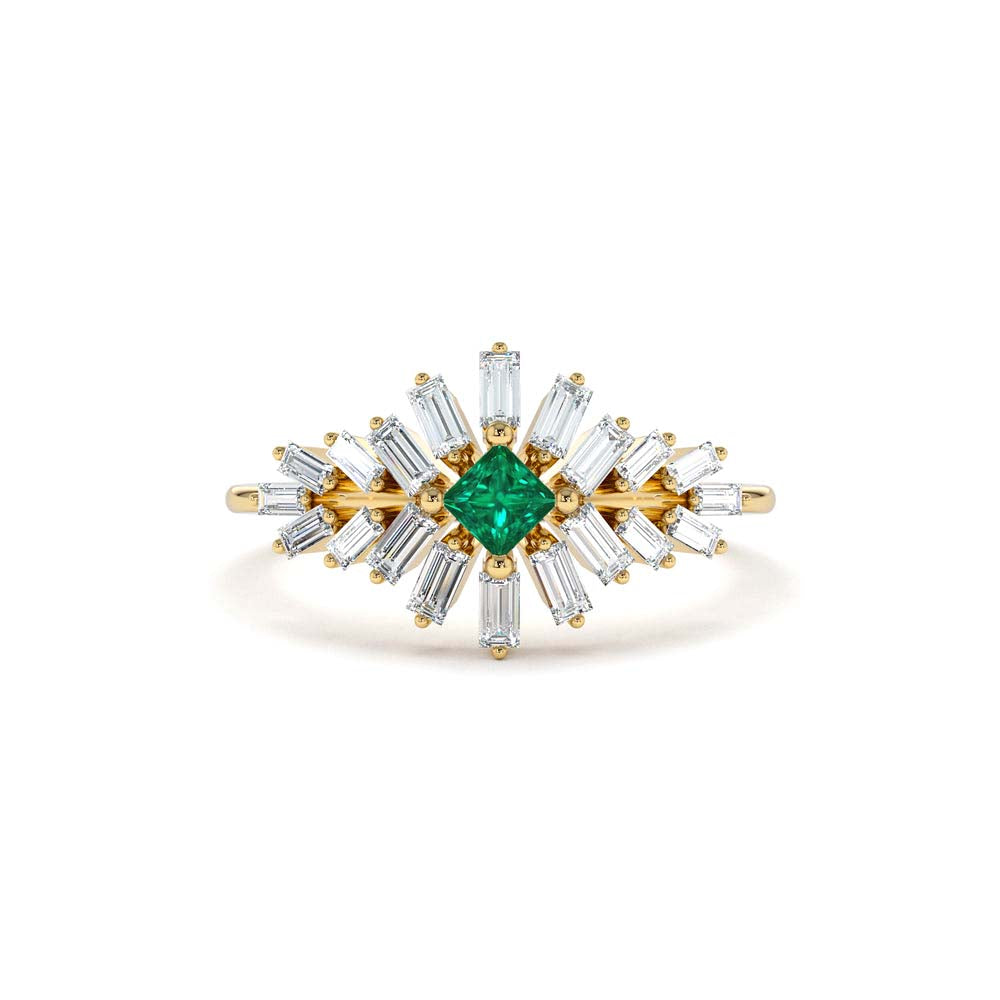 Baguette Diamond Ring with a Square Emerald in 14K Gold — view 1