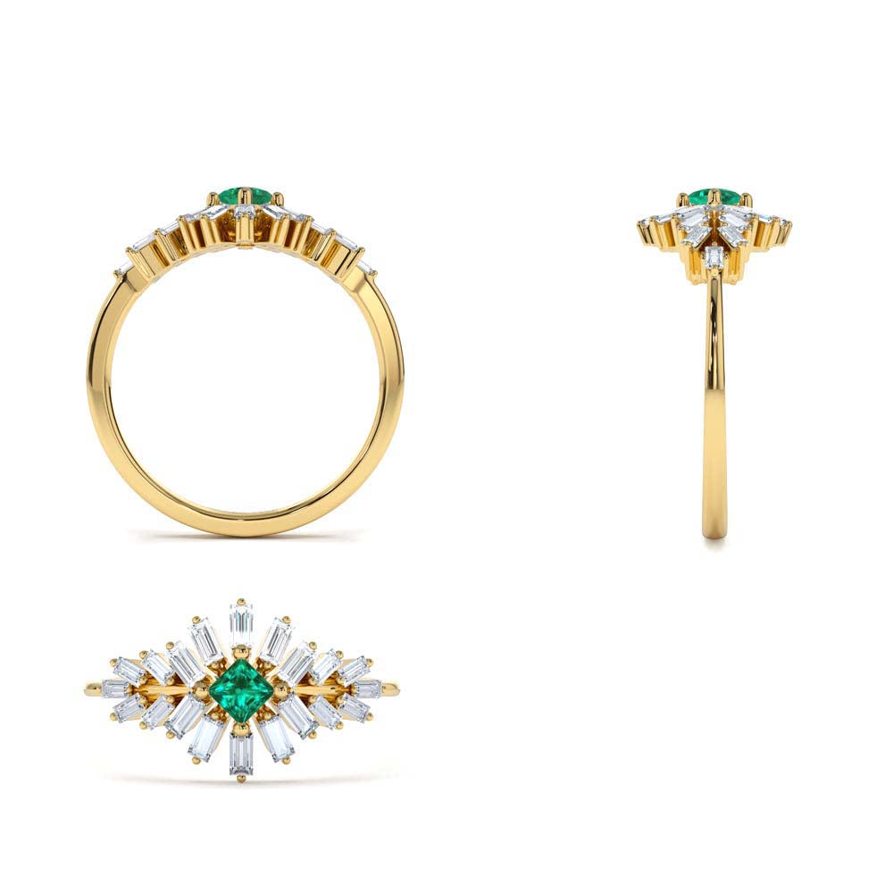 Baguette Diamond Ring with a Square Emerald in 14K Gold — view 3