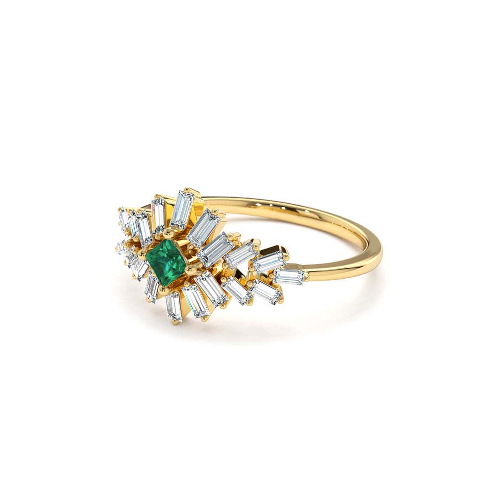 Baguette Diamond Ring with a Square Emerald in 14K Gold — view 2
