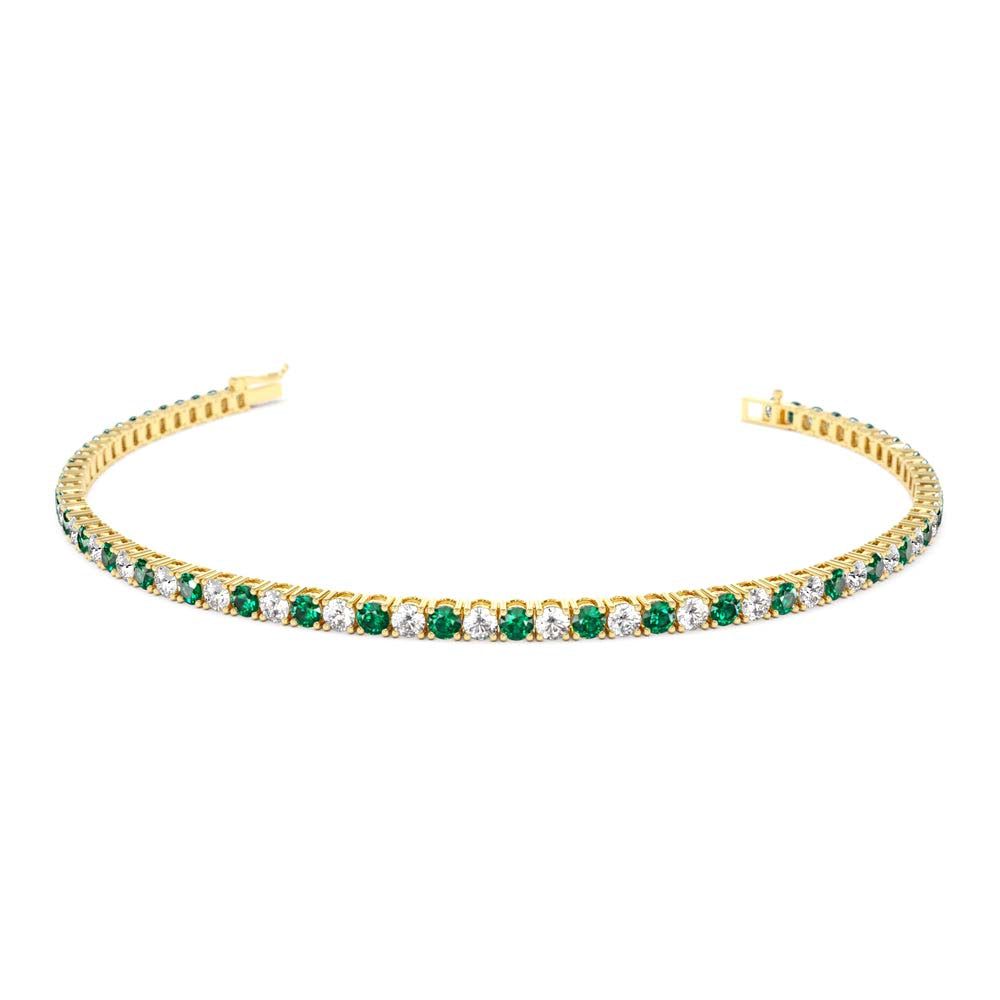 Prong Setting Diamond and Emerald Tennis Bracelet in 14K Gold — view 1