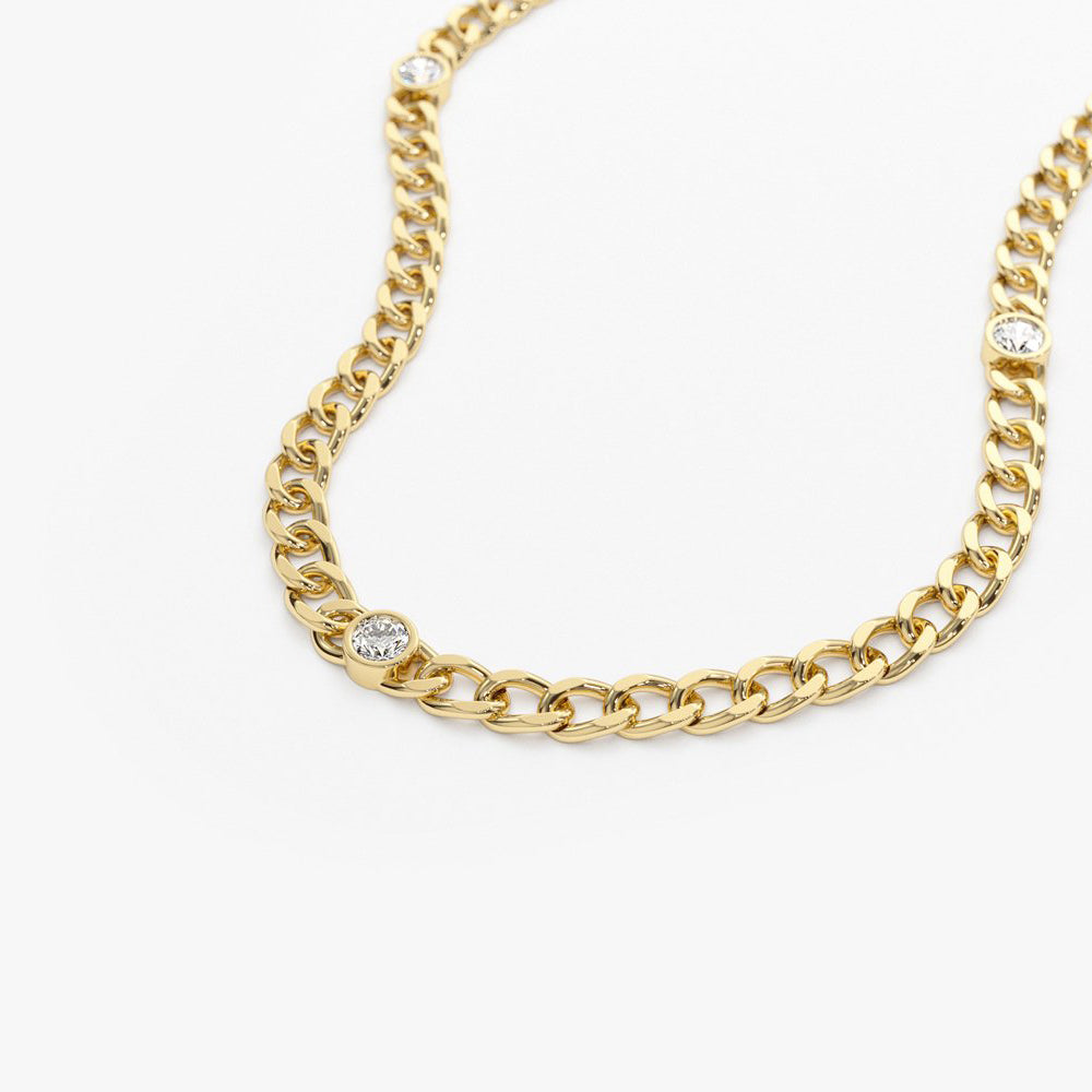 Cuban Link Necklace w/ Bezel Setting Diamond in 14K Gold