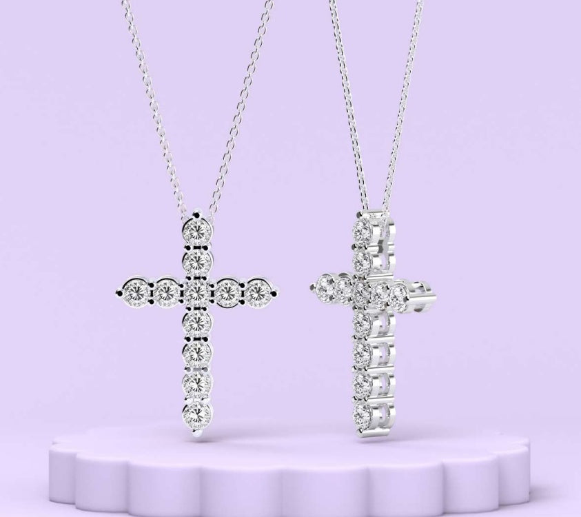 14K 11-Stone 4-Prong Cross Pendant