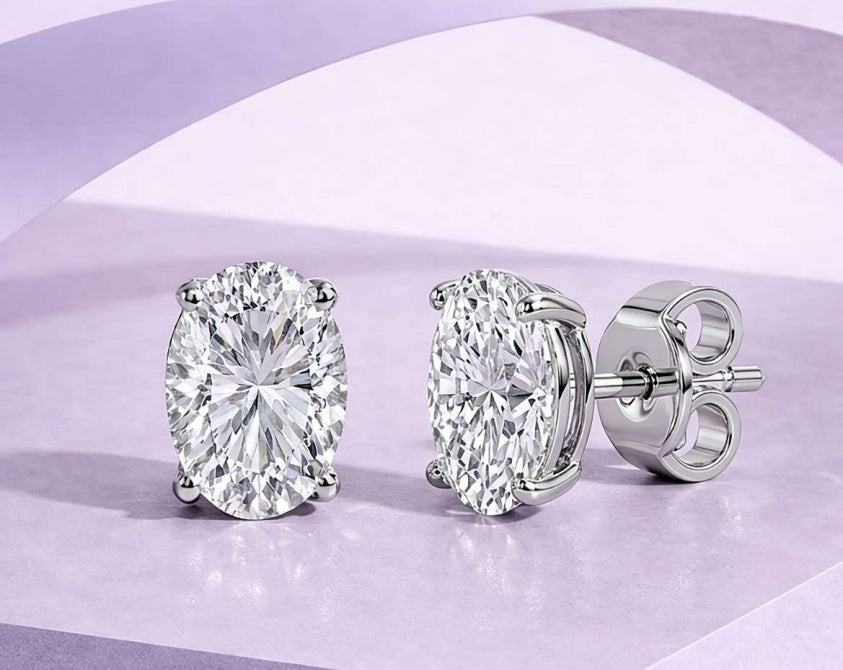 14K Oval Basket Solitaire Stud Earrings