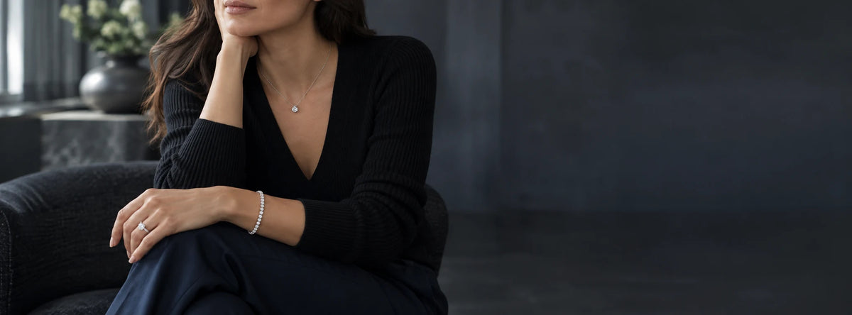 Diamond jewelry styled with black cashmere